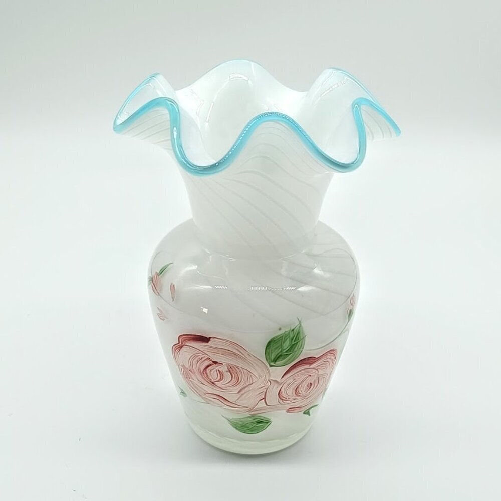 Vintage Fenton Aqua Crest Pastel Floral Art Glass Vase
